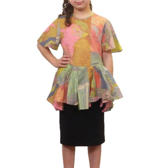 NEW JNBY bottom ruffles short sleeve shirt in multi - Picture 5 of 6